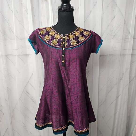 NWT Pothy's Purple Orange Floral Embroidered Ethnic Boho Babydoll Blouse Size XL - Picture 1 of 14